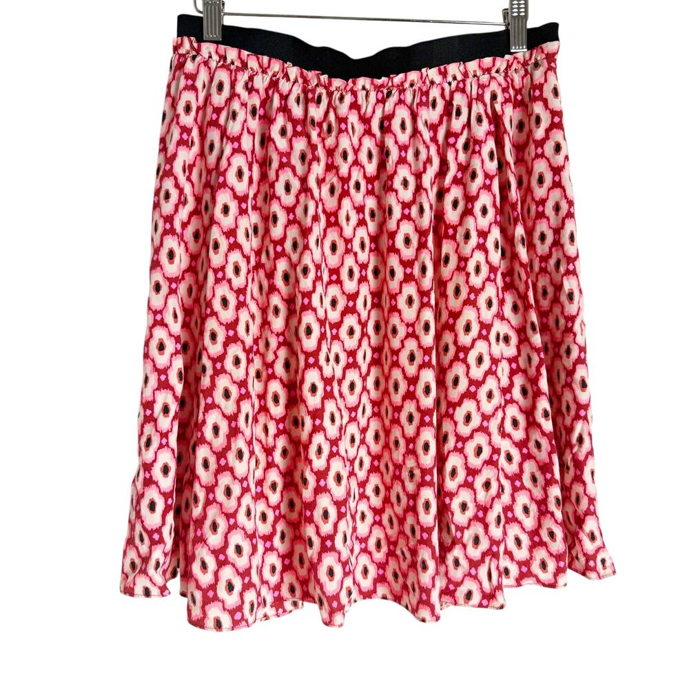 Kate Spade Posy Ikat Print Red Pink Pull-On A-Line Silk Blend Mini Skirt Size M